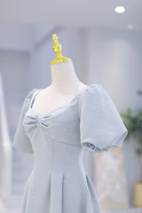 Light Blue Satin Long Corset Prom Dress with Pearls, A-Line Short Sleeve Party Dress Outfits, Flower Girl