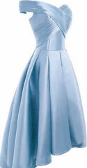 Light Blue Satin Off Shoulder High Low Party Dress Corset Homecoming Dresses, Short Corset Prom Dress outfits, Long Dress