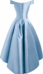 Light Blue Satin Off Shoulder High Low Party Dress Corset Homecoming Dresses, Short Corset Prom Dress outfits, Blue Dress