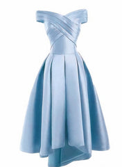 Light Blue Satin Off Shoulder High Low Party Dress Corset Homecoming Dresses, Short Corset Prom Dress outfits, Fancy Dress