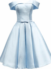 Light Blue Satin Off Shoulder Knee Length Homeoming Dress, Blue Short Corset Prom Dress outfits, Prom Dresses Two Pieces