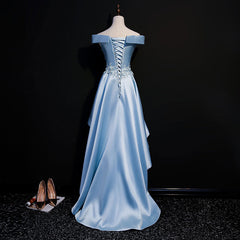 Light Blue Satin with Lace Applique High Low Corset Homecoming Dress, Blue Short Off Shoulder Corset Formal Dress outfit, Wedding Inspo
