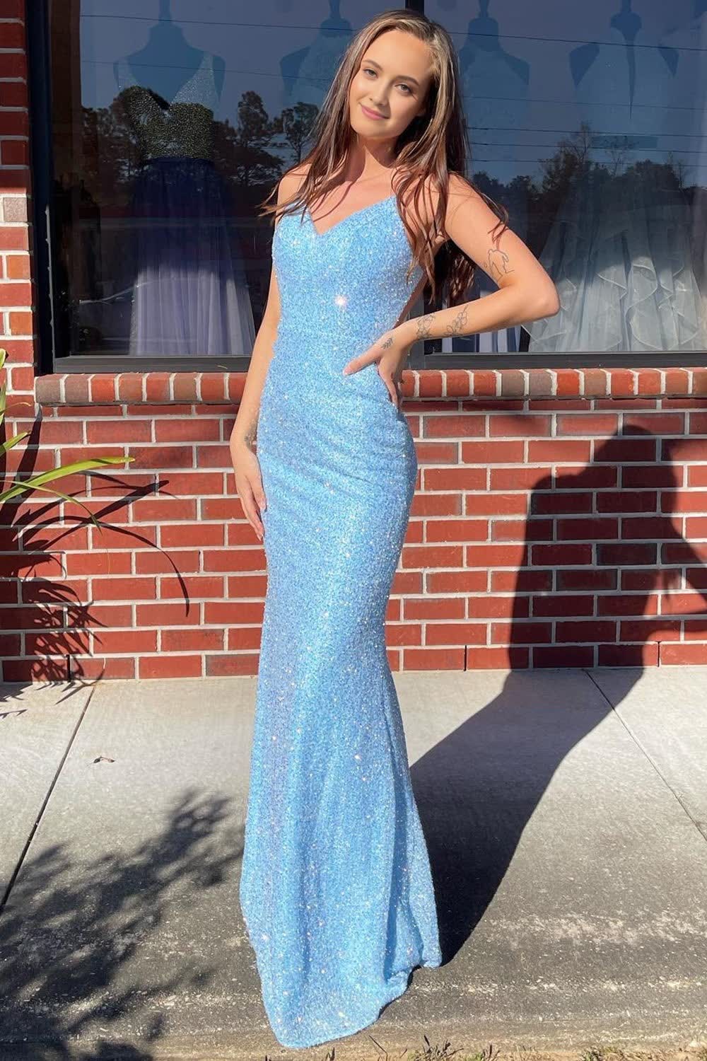 Light Blue Sequins Backless Mermaid Corset Prom Dress outfits, Light Blue Sequins Backless Mermaid Prom Dress