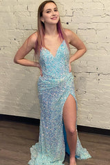 Light Blue Sequins Long Corset Prom Dress With Open Back outfit, Light Blue Sequins Long Prom Dress With Open Back