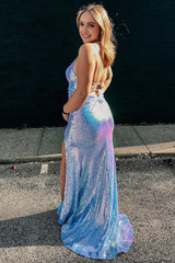 Light Blue Sequins Mermaid Corset Prom Dress with Slit Gowns, Light Blue Sequins Mermaid Prom Dress with Slit