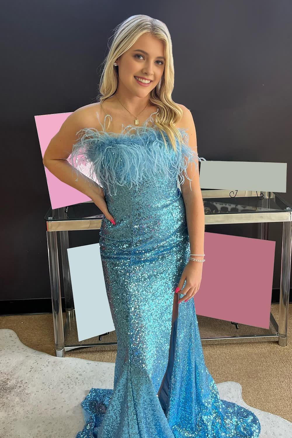 Light Blue Sparkly Sequins Off the Shoulder Long Corset Prom Dress with Feathers outfit, Light Blue Sparkly Sequins Off the Shoulder Long Prom Dress with Feathers