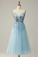 Light Blue Strapless Plunging V Neck Sequin-Embroidered Tea-Length Corset Prom Dress outfits, Prom Dresses Long Sleeve