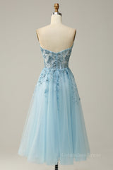 Light Blue Strapless Plunging V Neck Sequin-Embroidered Tea-Length Corset Prom Dress outfits, Prom Dress Long Sleeves