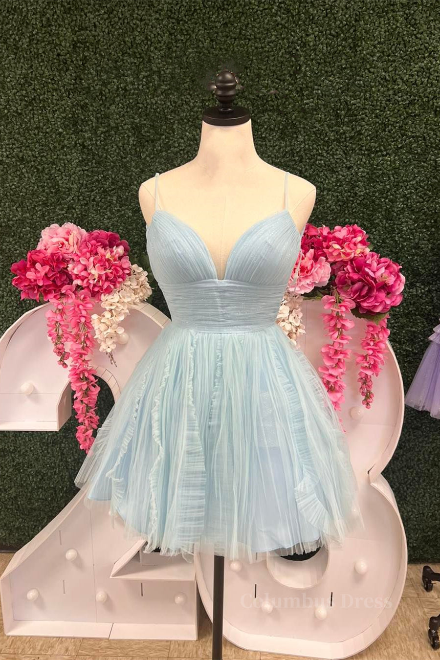 Light Blue Straps A-line Short Corset Homecoming Dress outfit, Prom Dress Color