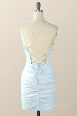 Light Blue Straps Bodycon Mini Dress outfit, Party Dresses Store