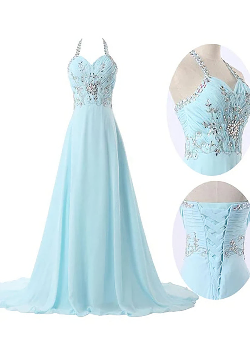 Light Blue Straps Chiffon Beaded Long Corset Formal Dress, Charming Party Gowns Outfits, Prom Dresses Long