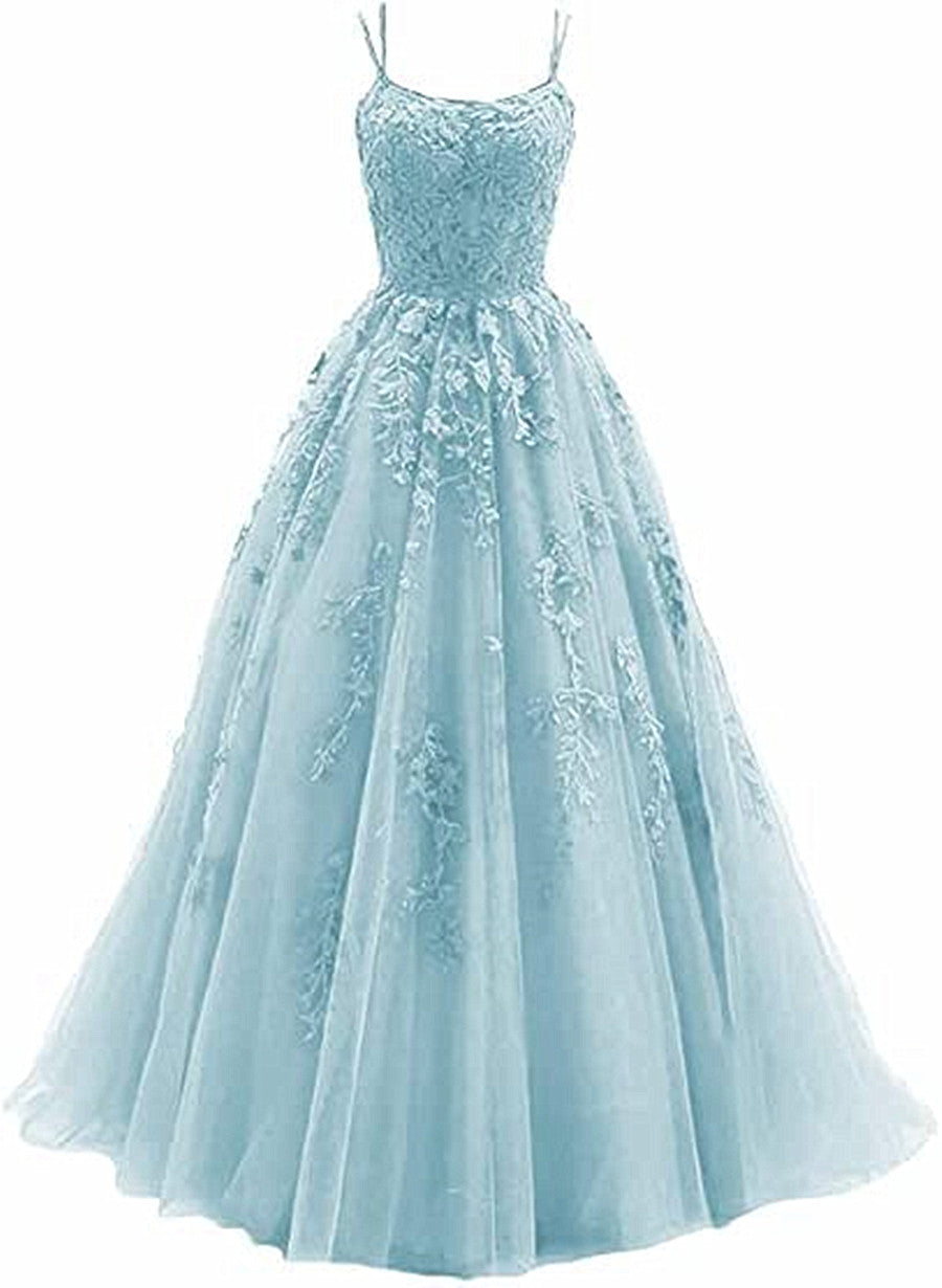 Light Blue Straps Cross Back Tulle with Lace Applique Corset Prom Dress, Blue Corset Formal Dress outfit, Classy Outfit