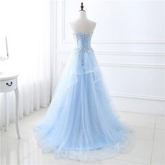 Light Blue Sweetheart Evening dress, Long Tulle Corset Prom Dress outfits, Dinner Dress Classy