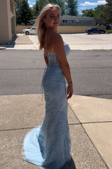 Light Blue Sweetheart Lace-Up Long Mermaid Corset Prom Dress with Appliques Gowns, Light Blue Sweetheart Lace-Up Long Mermaid Prom Dress with Appliques