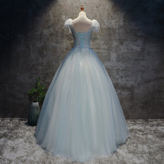Light Blue Tulle Long Party Dress Corset Formal Dress, Blue Tulle Corset Formal Dress with Flowers outfit, Prom Dresses Online
