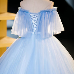 Light Blue Tulle Off Shoulder with Lace Applique Corset Prom Dress, Blue Long Party Dress Outfits, Bridal Shoes