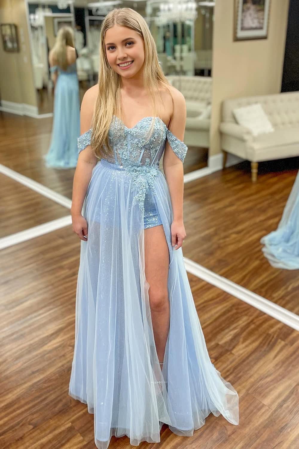 Light Blue Tulle Corset Prom Dress with Sequins Gowns, Light Blue Tulle Prom Dress with Sequins