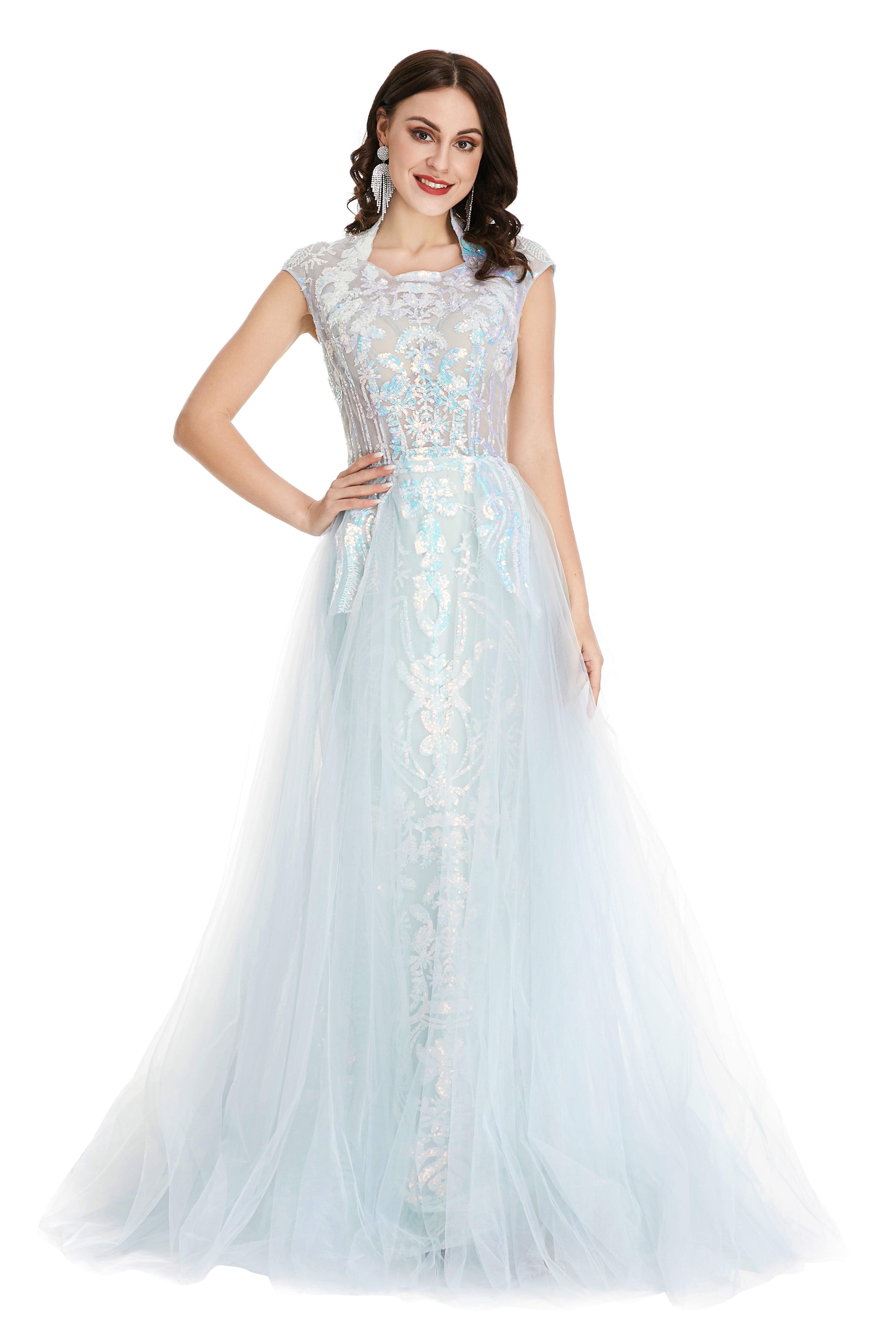 Light Blue Tulle Sequins Appliques Cap Sleeve Corset Prom Dresses outfit, Homecomeing Dresses Black