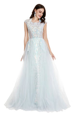 Light Blue Tulle Sequins Appliques Cap Sleeve Corset Prom Dresses outfit, Homecoming Dresses Pink
