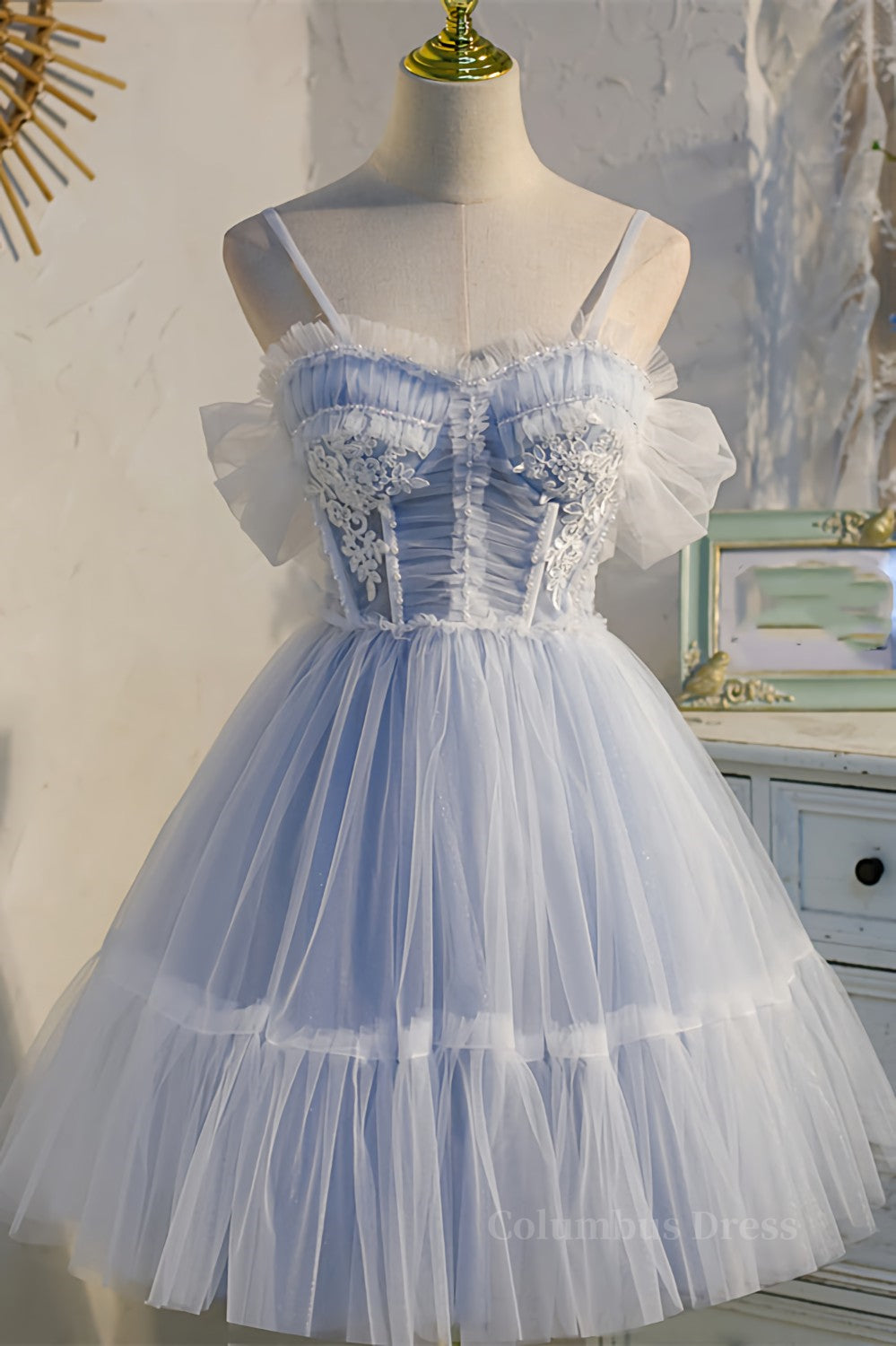 Light Blue Tulle Short A-line Corset Homecoming Dress outfit, Prom Dressed 2028
