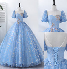 Light Blue Tulle Short Sleeves Long Corset Formal Dress, Blue Sweet 16 Dress outfit, Country Wedding Dress
