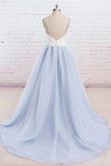 Light Blue Tulle Simple Spaghetti Straps Sweep Train Backless Corset Prom Dress outfits, Prom Dress Shorts