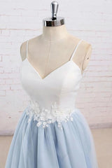 Light Blue Tulle Simple Spaghetti Straps Sweep Train Backless Corset Prom Dress outfits, Prom Dressed Short