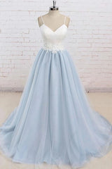 Light Blue Tulle Simple Spaghetti Straps Sweep Train Backless Corset Prom Dress outfits, Prom Dresses For Short People