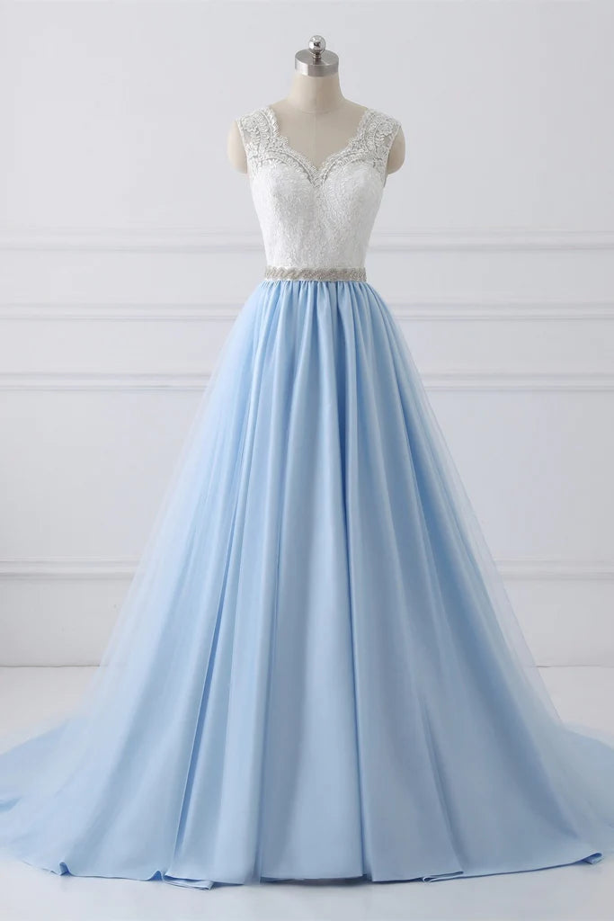 Light Blue Tulle V Back Long Party Dress with Bow, Blue Evening Dress Corset Wedding Party Dress Outfits, Wedding Dress Train