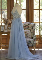 Light Blue Tulle V-neckline Straps with Lace Long Party Dress, Blue A-line Corset Prom Dress outfits, Party Dress Jeans