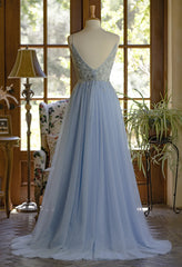 Light Blue Tulle V-neckline Straps with Lace Long Party Dress, Blue A-line Corset Prom Dress outfits, Black Dress Classy