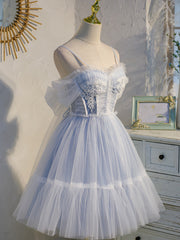 Light Blue Tulle with Beaded Short Corset Homecoming Dresses, Blue Short Corset Prom Dresses outfit, Evening Dress Sleeve