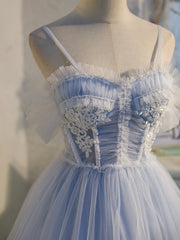 Light Blue Tulle with Beaded Short Corset Homecoming Dresses, Blue Short Corset Prom Dresses outfit, Evening Dress Sleeves