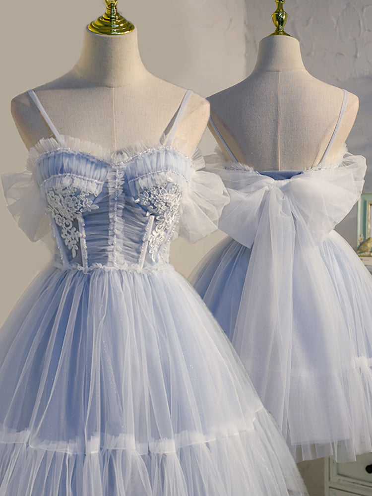 Light Blue Tulle with Beaded Short Corset Homecoming Dresses, Blue Short Corset Prom Dresses outfit, Evening Dress Red