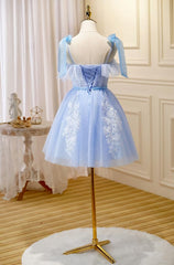 Light Blue Tulle with Lace Knee Length Party Dress, Blue Corset Homecoming Dresses outfit, Evening Dress Simple