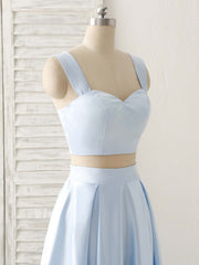 Light Blue Two Pieces Satin Long Corset Prom Dress Simple Evening Dress outfit, Formal Dress For Woman