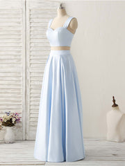 Light Blue Two Pieces Satin Long Corset Prom Dress Simple Evening Dress outfit, Formal Dresses Long Sleeve