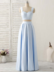 Light Blue Two Pieces Satin Long Corset Prom Dress Simple Evening Dress outfit, Formal Dresses Summer