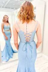 Light Blue Two Pieces Sparkly Mermaid Corset Prom Dress outfits, Light Blue Two Pieces Sparkly Mermaid Prom Dress