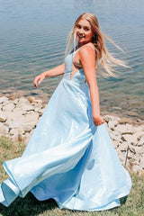 Light Blue V-neck A-Line Corset Prom Dress with Pockets Gowns, Light Blue V-neck A-Line Prom Dress with Pockets