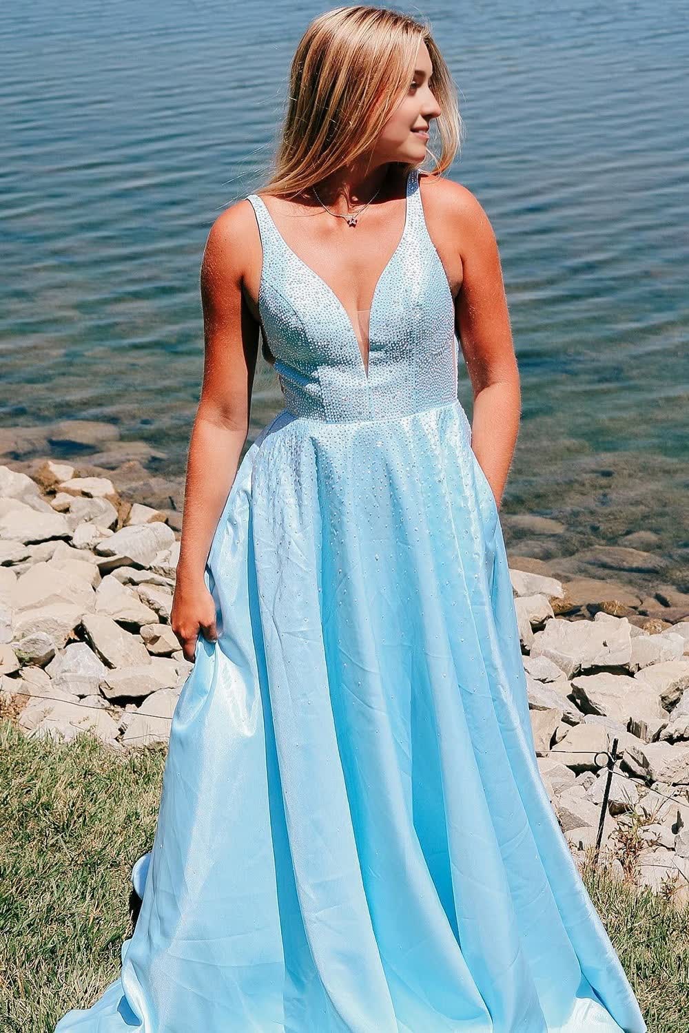 Light Blue V-neck A-Line Corset Prom Dress with Pockets Gowns, Light Blue V-neck A-Line Prom Dress with Pockets