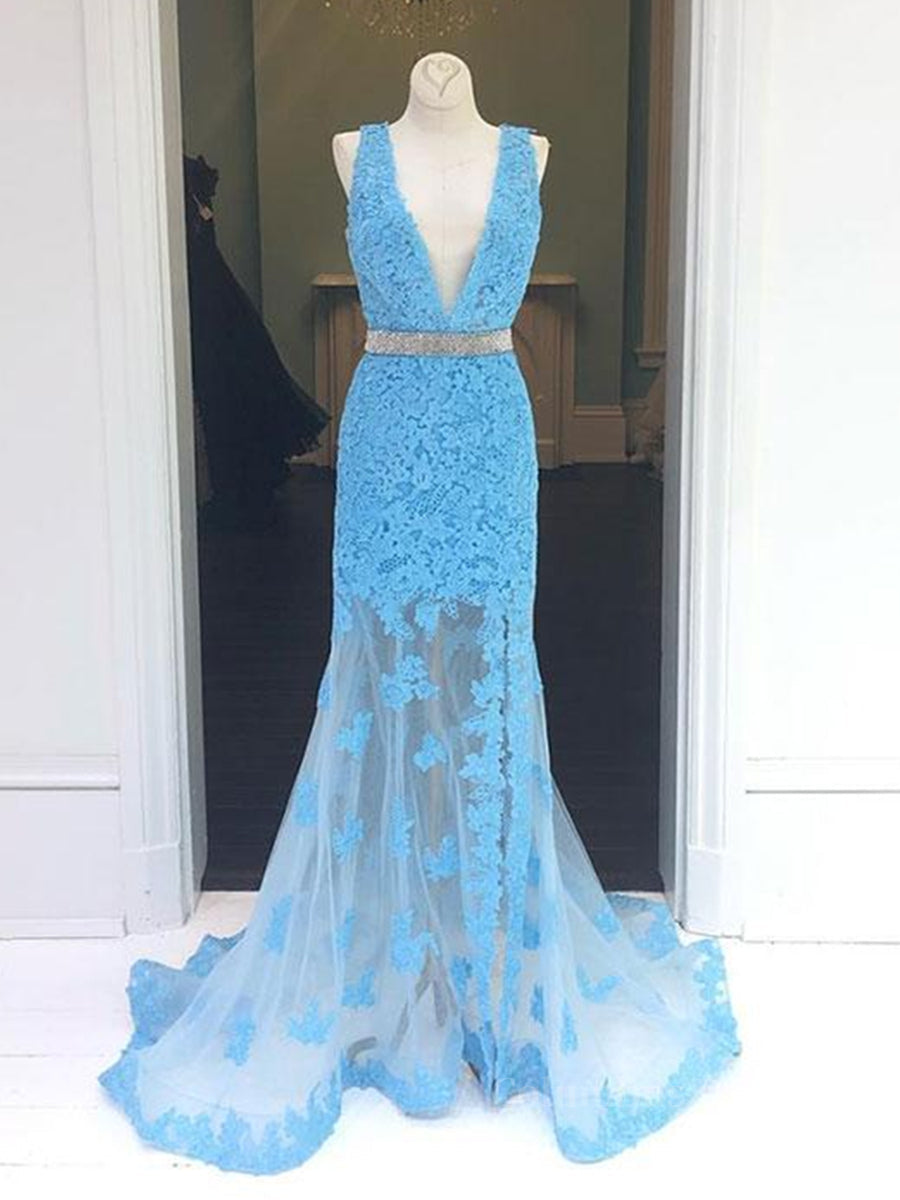 Light Blue V Neck Mermaid Lace Applique Long Corset Prom Dresses, Lace Blue Corset Formal Dresses, Evening Dresses outfit, Bridesmaids Dress Style