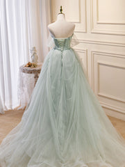Light Green Tulle Beaded Sweetheart Long Corset Prom Dress, A-line Green Corset Formal Dress outfit, Party Dresses Stores