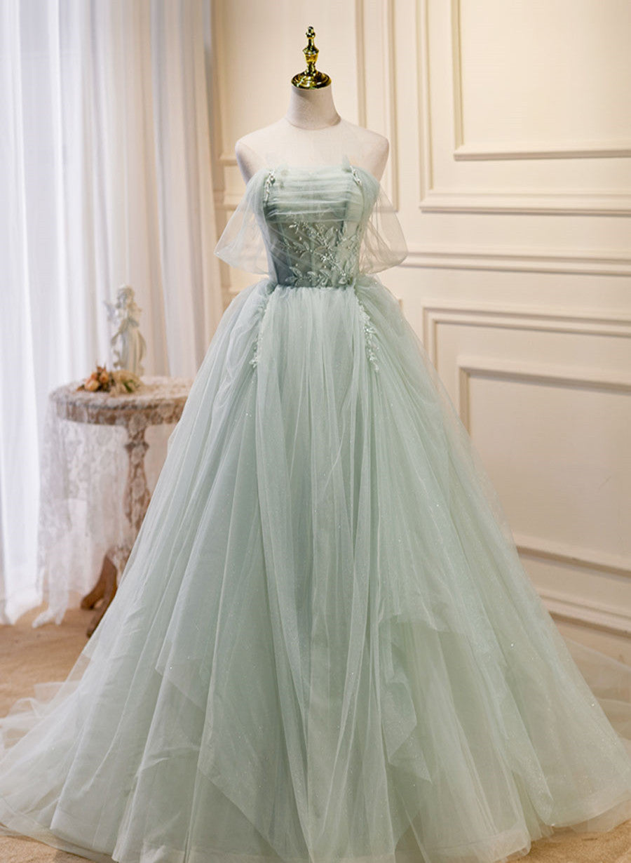 Light Green Tulle Beaded Sweetheart Long Corset Prom Dress, A-line Green Corset Formal Dress outfit, Party Dress Dress Up