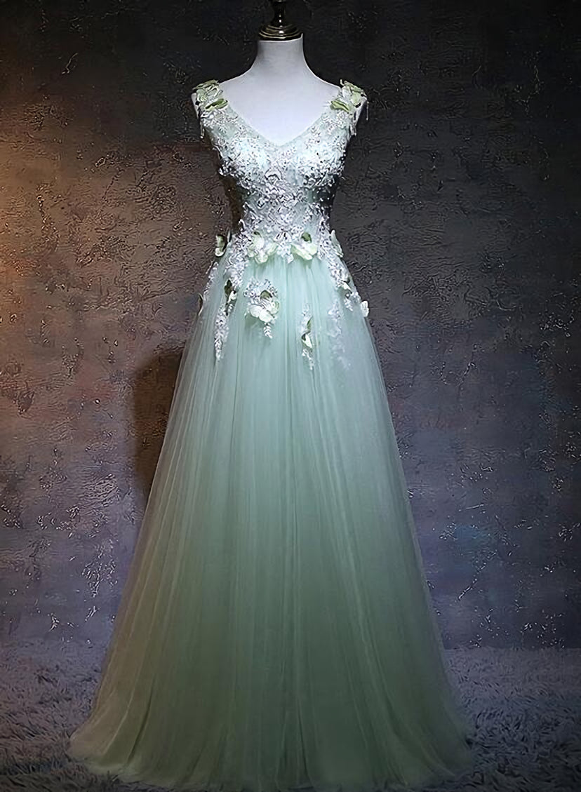 Light Green Tulle Long Party Dress, A-line Floor Length Corset Prom Dress outfits, Gown Dress