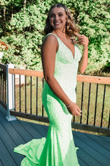 Light Green V-neck Sequins Mermaid Corset Prom Dress outfits, Light Green V-neck Sequins Mermaid Prom Dress