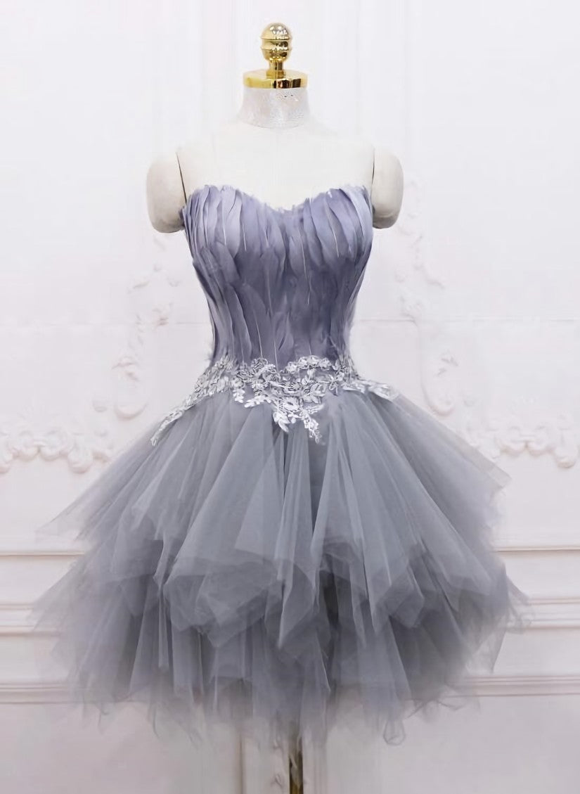 Light Grey Feather and Tulle Short Party Dress, Lovely Corset Homecoming Dress outfit, Party Dress 2031