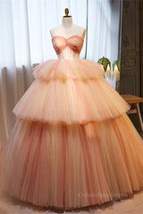 Light Orange Strapless A-line Multi-Layers Long Corset Prom Dress outfits, Wedding Guest Dress