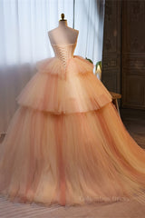 Light Orange Strapless A-line Multi-Layers Long Corset Prom Dress outfits, Prom Dress Ideas Black Girl