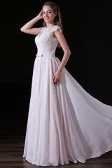 Light Pink Chiffon Corset Wedding Dresses with veil Lace Appliques Top Short Sleeve Gowns, Wedding Dresses Brides